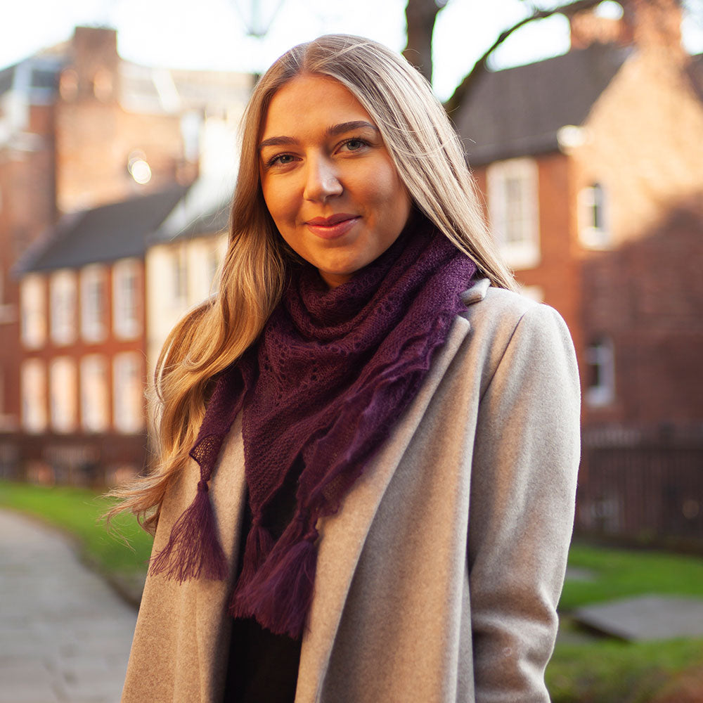 Soft and fluffy mohair and silk scarf with tassels - Aubergine