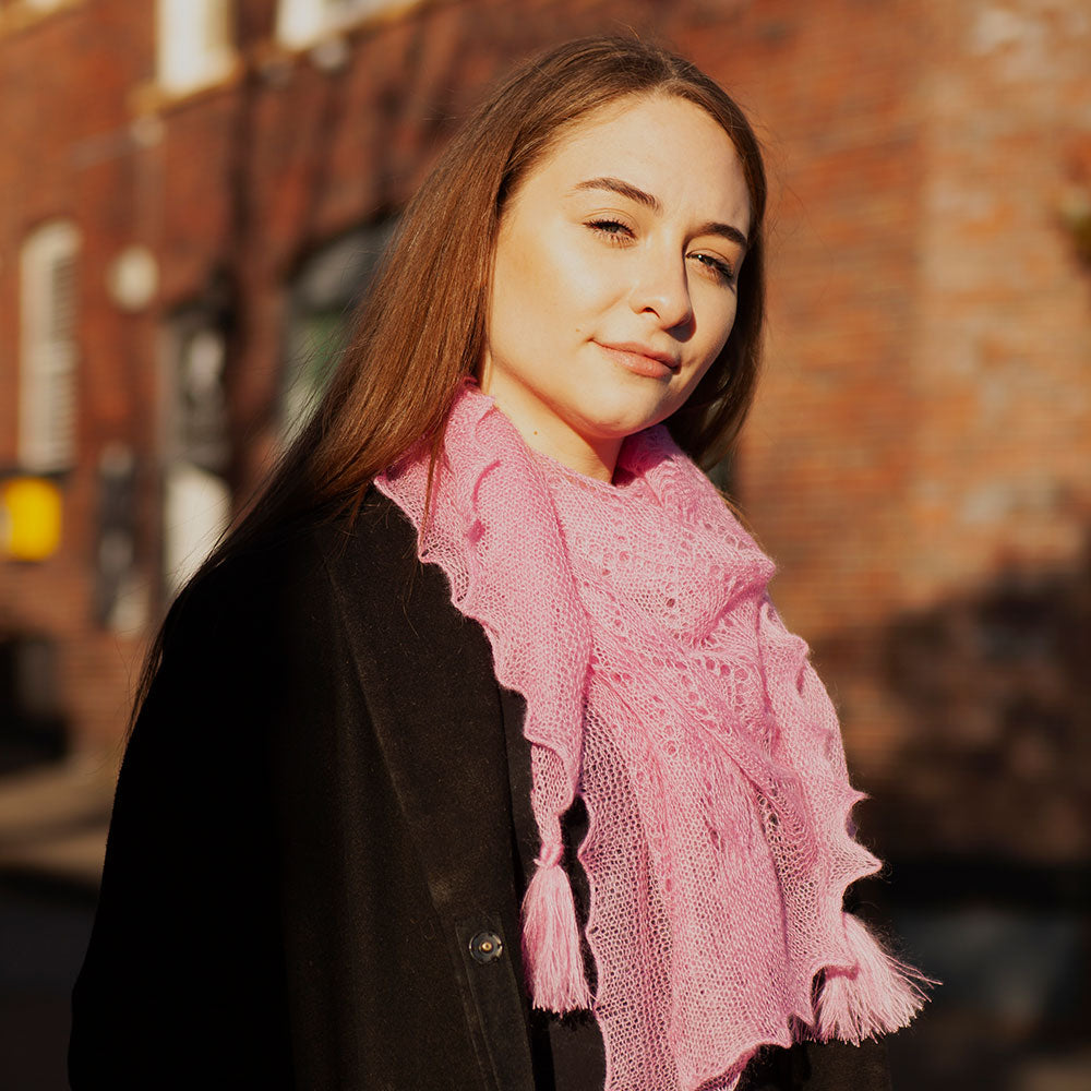 Soft and fluffy mohair and silk scarf with tassels - Cyclamen