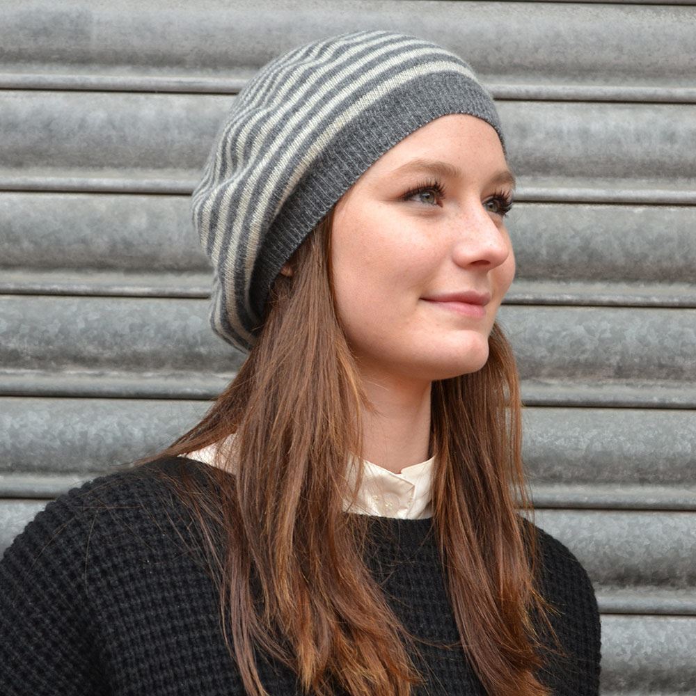 Lambswool Striped Beret - Derby Grey / Silverbirch