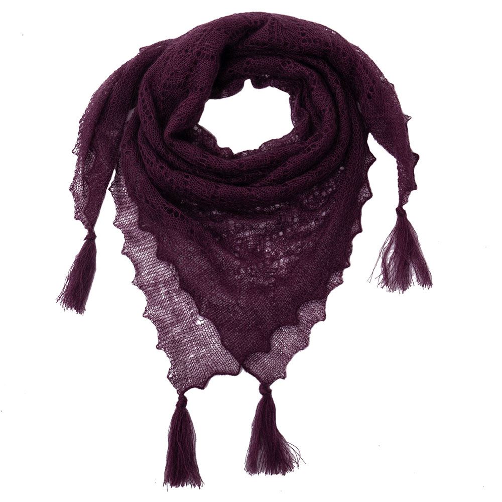 Soft and fluffy mohair and silk scarf with tassels - Aubergine